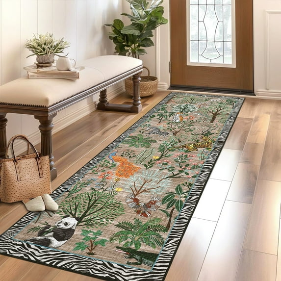 Hasoo Modern Floral Jungle Plant Animal Runner Washable 2' x 6' Throw Rug for Hallway Enterway Neutral Indoor Brown Carpet