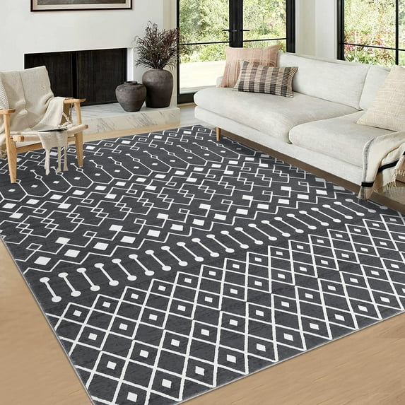 Hasoo Modern Geometric 4' x 6' Area Rug Anti Slip Backing Rug for Living Room Boho Non-Slip Washable Rug, Gray