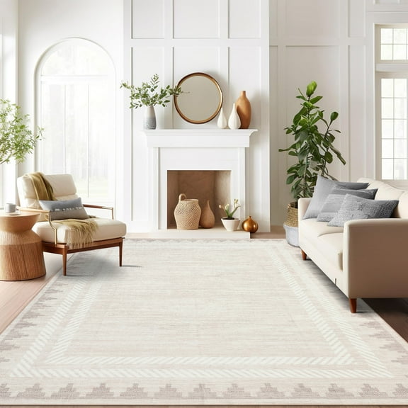 Hasoo Modern Geometric Border Non Slip Area Rug for Living Room Washable 5' x 7' Non Shedding Neutral Indoor Decor Carpet, Beige