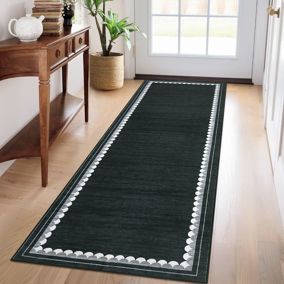 Hasoo Modern Geometric Border Non Slip Runner Washable 2' x 6' Throw Rug for Hallway Enterway Neutral Indoor Black Carpet