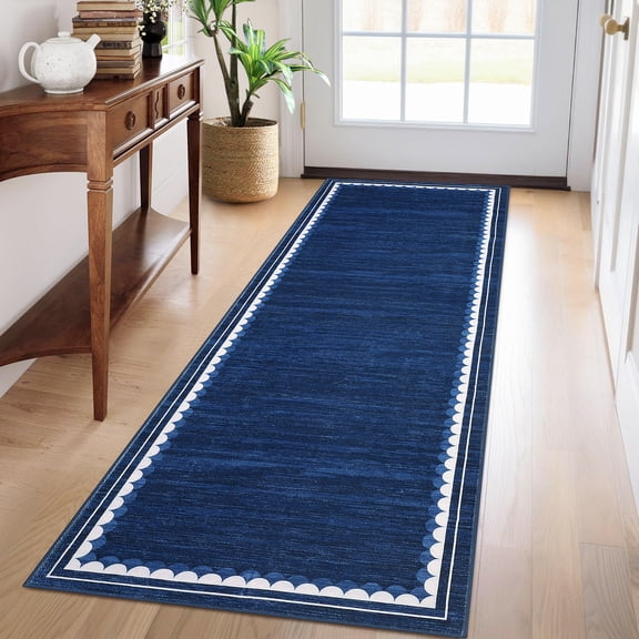 Hasoo Modern Geometric Border Non Slip Runner Washable 2' x 6' Throw Rug for Hallway Enterway Neutral Indoor Blue Carpet