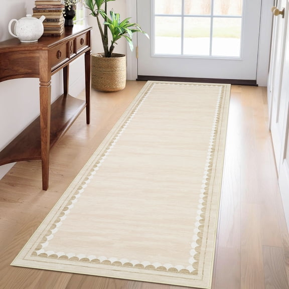 Hasoo Modern Geometric Border Non Slip Runner Washable 2' x 6' Throw Rug for Hallway Enterway Neutral Indoor Camel Carpet