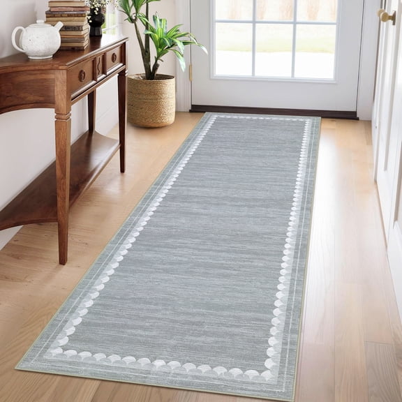 Hasoo Modern Geometric Border Non Slip Runner Washable 2' x 6' Throw Rug for Hallway Enterway Neutral Indoor Gray Carpet