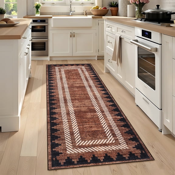 Hasoo Modern Geometric Border Non Slip Runner Washable 2' x 6' Throw Rug for Hallway Enterway Neutral Indoor Red Carpet