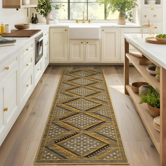 Hasoo Modern Geometric Runner Washable 2' x 6' Throw Rug for Hallway Enterway Neutral Indoor Yellow Carpet
