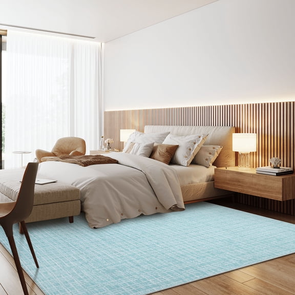 Hasoo Modern Indoor Neutral Carpet Geometric Plaid Area Rug for Living Room, Mint Blue 5' x 7'