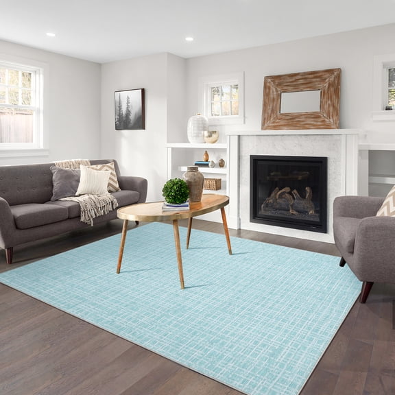 Hasoo Modern Indoor Neutral Carpet Geometric Plaid Area Rug for Living Room, Mint Blue 9' x 12'