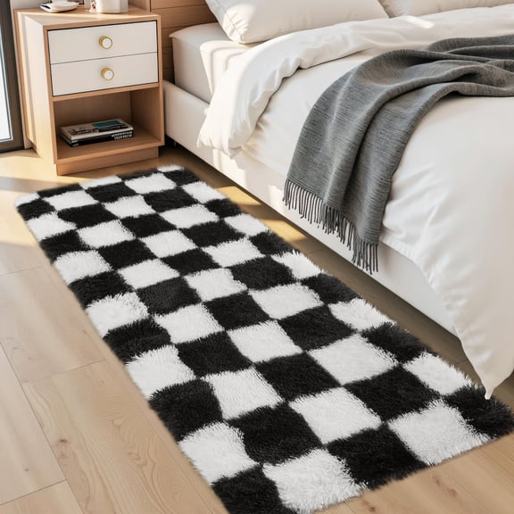 Hasoo Modern Plaid Fluffy Ultra-Soft High Pile Non Slip Runner Washable 2' x 6' Throw Rug for Hallway Enterway Neutral Indoor Black Gray Carpet