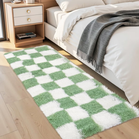 Hasoo Modern Plaid Fluffy Ultra-Soft High Pile Non Slip Runner Washable 2' x 6' Throw Rug for Hallway Enterway Neutral Indoor Green Gray Carpet