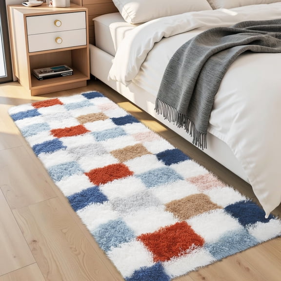 Hasoo Modern Plaid Fluffy Ultra-Soft High Pile Non Slip Runner Washable 2' x 6' Throw Rug for Hallway Enterway Neutral Indoor Red/Blue Carpet