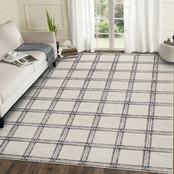 Hasoo Modern Plaid Non Slip Area Rug for Living Room Washable 5' x 7' Non Shedding Neutral Indoor Decor Carpet, Beige