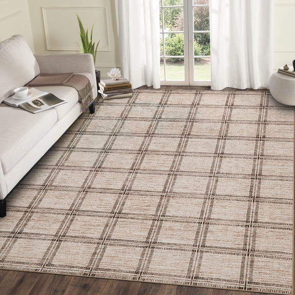 Hasoo Modern Plaid Non Slip Area Rug for Living Room Washable 5' x 7' Non Shedding Neutral Indoor Decor Carpet, Camel