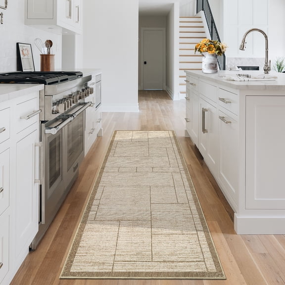 Hasoo Modern Plaid Non Slip Runner Washable 2' x 6' Throw Rug for Hallway Enterway Neutral Indoor Beige Carpet