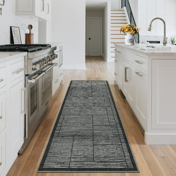 Hasoo Modern Plaid Non Slip Runner Washable 2' x 6' Throw Rug for Hallway Enterway Neutral Indoor Gray Carpet