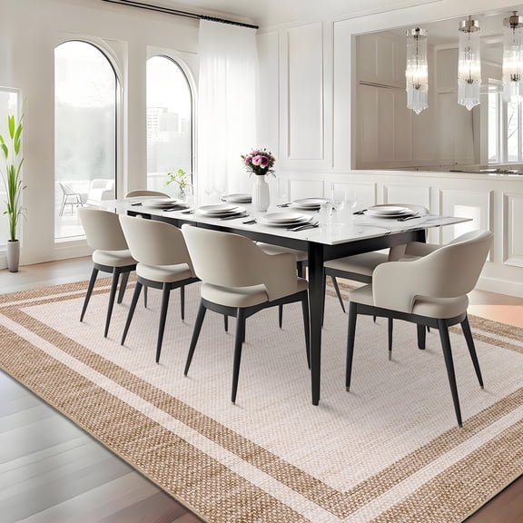 Hasoo Modern Simulated Woven Texture Bordered Area Rug for Living Room Washable 5' x 7' Non Shedding Neutral Indoor Decor Carpet, Beige