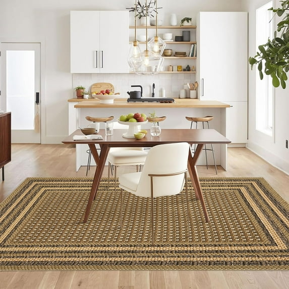 Hasoo Modern Simulated Woven Texture Bordered Area Rug for Living Room Washable 5' x 7' Non Shedding Neutral Indoor Decor Carpet, Brown