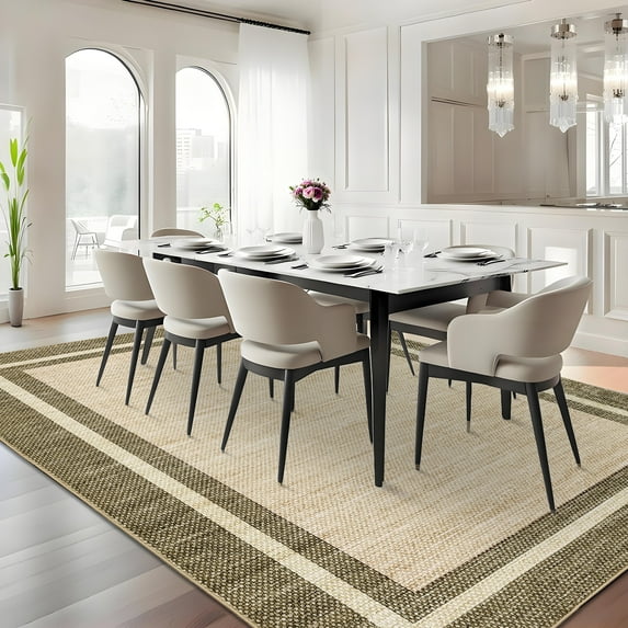 Hasoo Modern Simulated Woven Texture Bordered Area Rug for Living Room Washable 5' x 7' Non Shedding Neutral Indoor Decor Carpet, Green Gray