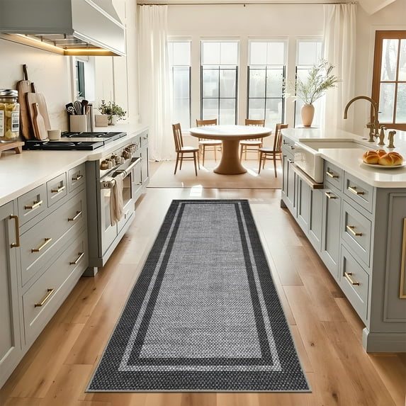 Hasoo Modern Simulated Woven Texture Bordered Runner Washable 2' x 6' Throw Rug for Hallway Enterway Neutral Indoor Black Carpet