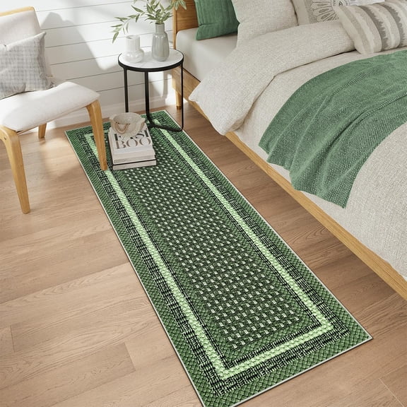 Hasoo Modern Simulated Woven Texture Bordered Runner Washable 2' x 6' Throw Rug for Hallway Enterway Neutral Indoor Green Carpet