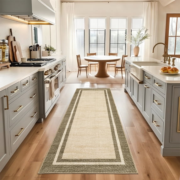 Hasoo Modern Simulated Woven Texture Bordered Runner Washable 2' x 6' Throw Rug for Hallway Enterway Neutral Indoor Green Gray Carpet