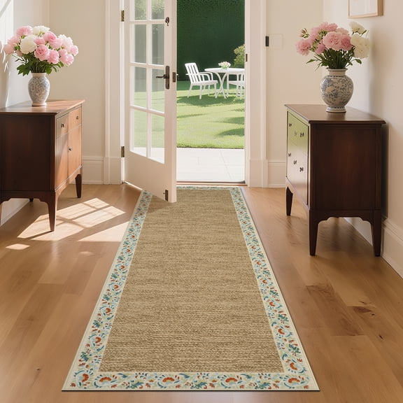 Hasoo Modern Simulated Woven Texture Floral Bordered Runner Washable 2' x 6' Throw Rug for Hallway Enterway Neutral Indoor Beige Carpet