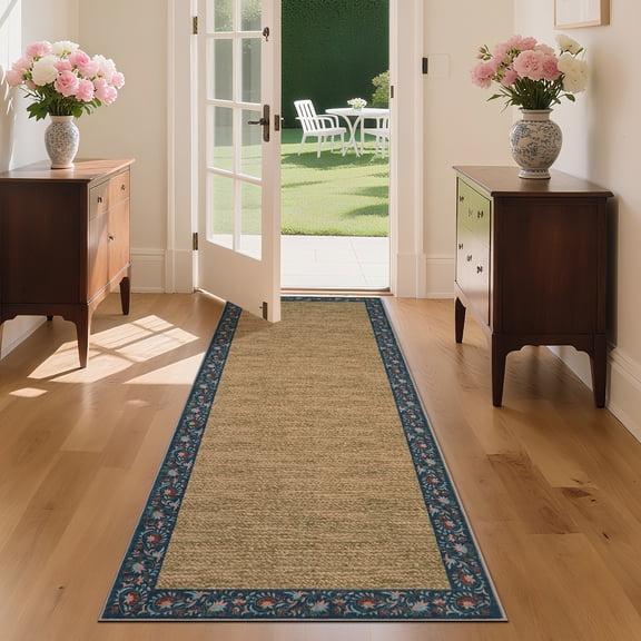 Hasoo Modern Simulated Woven Texture Floral Bordered Runner Washable 2' x 6' Throw Rug for Hallway Enterway Neutral Indoor Navy Carpet