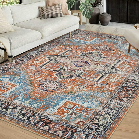 Hasoo Modern Vintage Area Rug 8x10 Area Rug for Living Room Machine Washable Floor Mat for Bedroom Nursery Kids Playroom Boho Floor Cover Large Aesthetic Rug, Orange