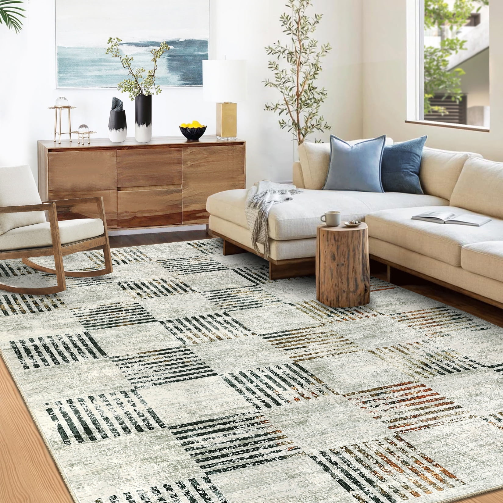 Hasoo Modern Washable Area Rug 8' x 10' Rugs for Dining Room Abstract Geometric Pattern Carpet, Beige Multi Color