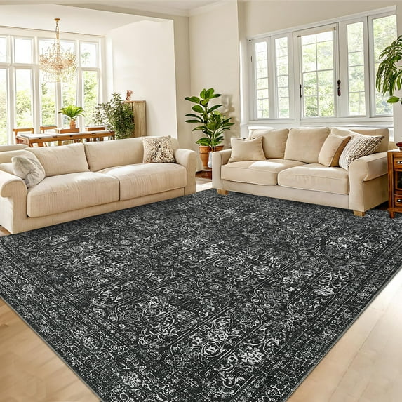 Hasoo Modern Washable Indoor Carpet 10' x 13' Black Neutral Area Rug for Living Room Geometric Floral Pattern Non-slip polyester Room Decor Rug
