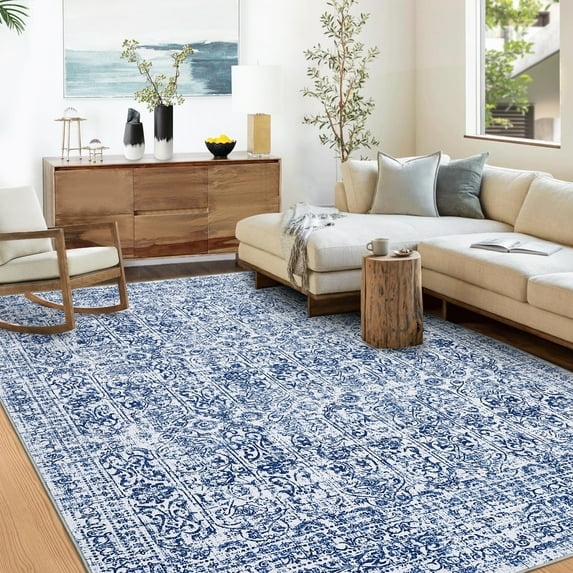 Hasoo Modern Washable Indoor Carpet 10' x 13' Blue Neutral Area Rug for Living Room Geometric Floral Pattern Non-slip polyester Room Decor Rug