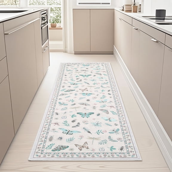 Hasoo Modern Washable Indoor Carpet 2' x 6' Beige Area Rug for Living Room Floral Insect Butterfly Pattern Non-slip polyester Room Decor Rug