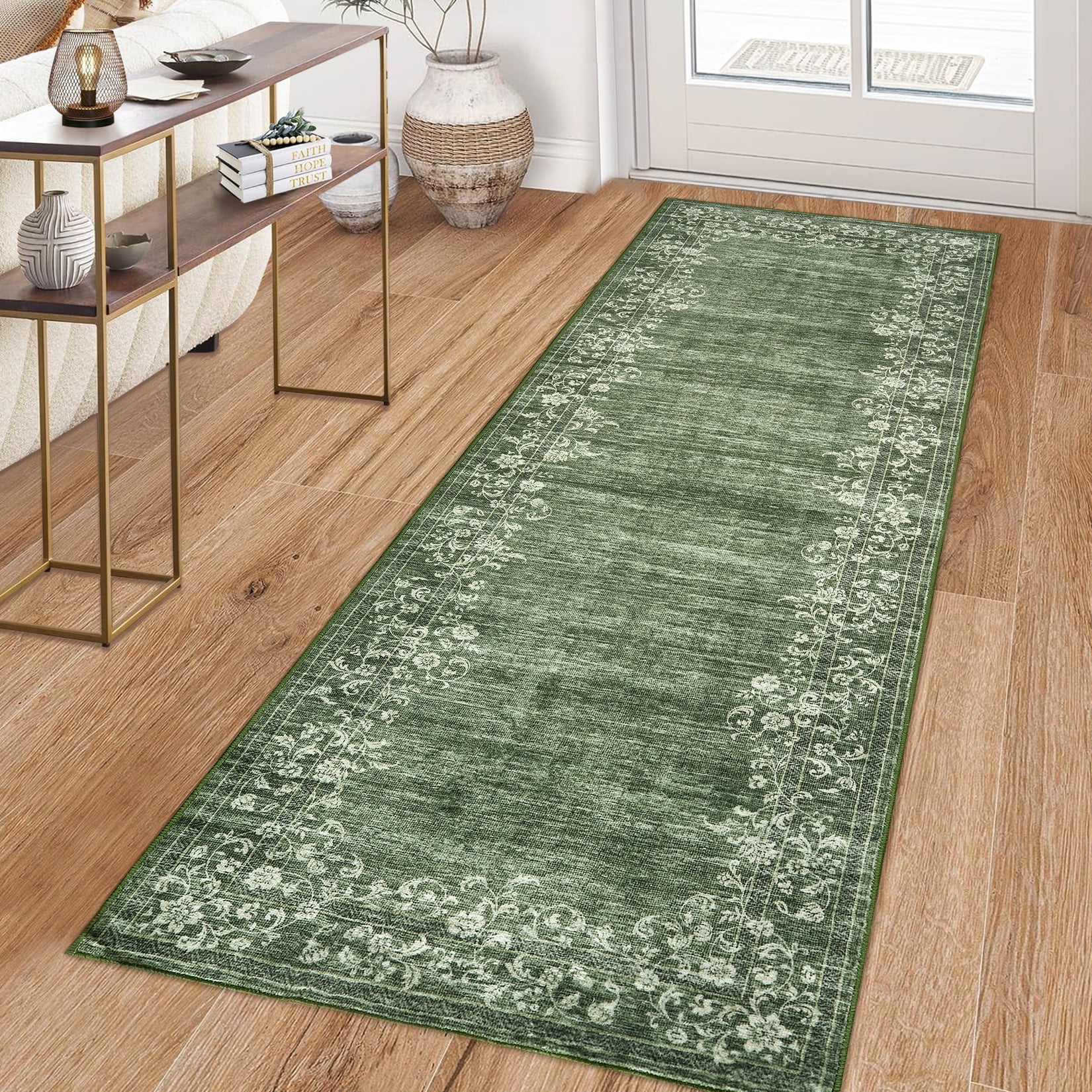 Hasoo Modern Washable Indoor Carpet 2' x 6' Green Area Rug for Living Room Geometric Border Floral Pattern Non-slip polyester Room Decor Rug