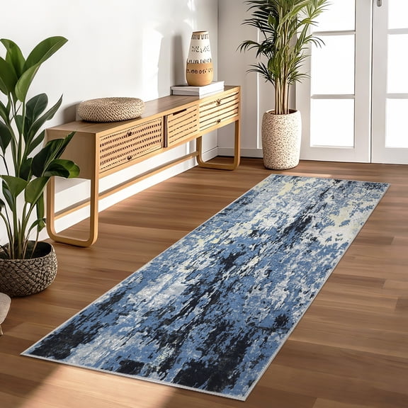 Hasoo Modern Washable Indoor Carpet 2' x 6' Navy Area Rug for Living Room Abstract Pattern Non-slip polyester Room Decor Rug