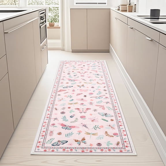 Hasoo Modern Washable Indoor Carpet 2' x 6' Pink Area Rug for Living Room Floral Insect Butterfly Pattern Non-slip polyester Room Decor Rug