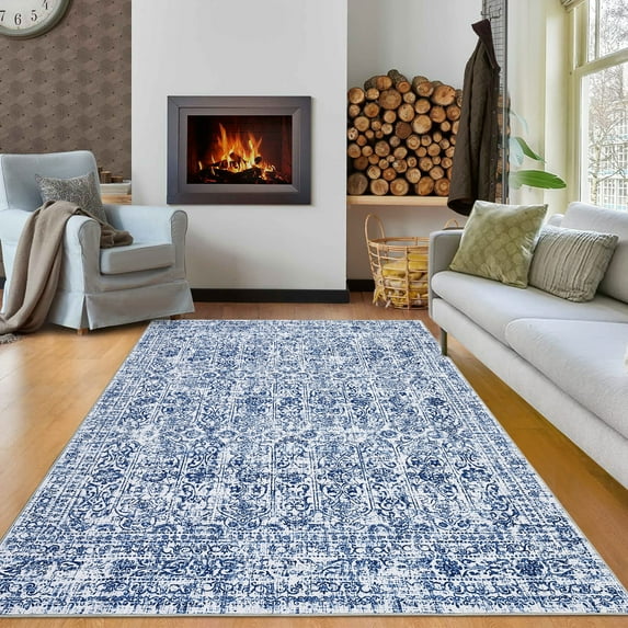 Hasoo Modern Washable Indoor Carpet 5' x 7' Blue Neutral Area Rug for Living Room Geometric Floral Pattern Non-slip polyester Room Decor Rug