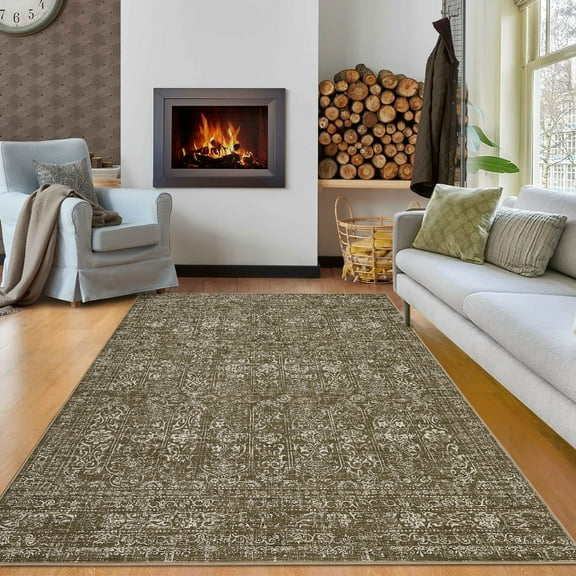 Hasoo Modern Washable Indoor Carpet 5' x 7' Camel Neutral Area Rug for Living Room Geometric Floral Pattern Non-slip polyester Room Decor Rug