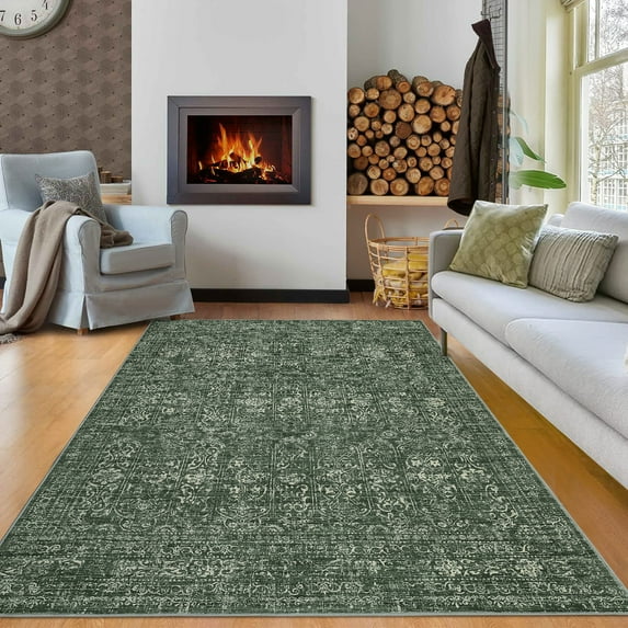 Hasoo Modern Washable Indoor Carpet 5' x 7' Green Neutral Area Rug for Living Room Geometric Floral Pattern Non-slip polyester Room Decor Rug