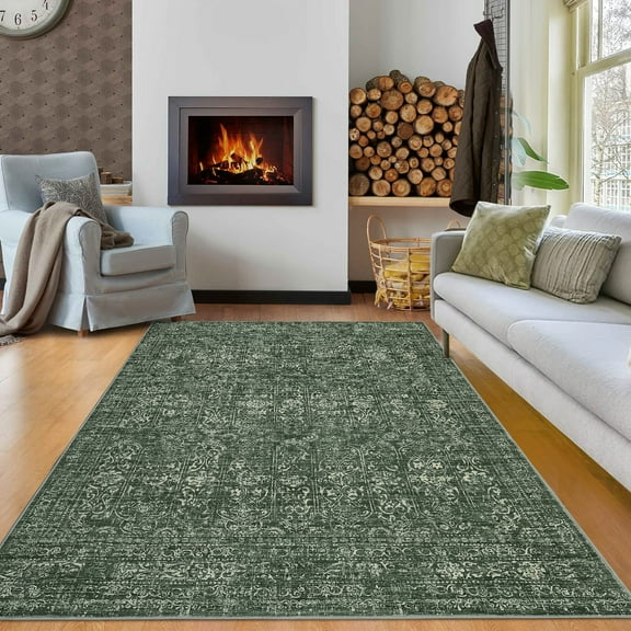 Hasoo Modern Washable Indoor Carpet 5' x 7' Green Neutral Area Rug for Living Room Geometric Floral Pattern Non-slip polyester Room Decor Rug