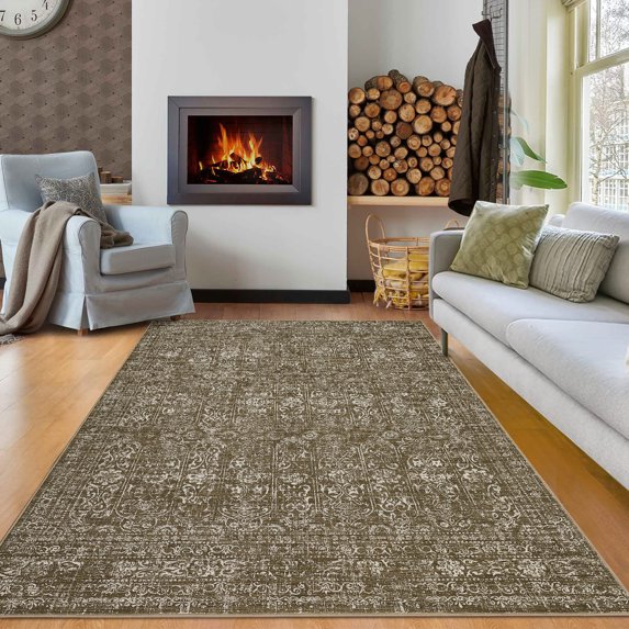 Hasoo Modern Washable Indoor Carpet 6' x 9' Camel Neutral Area Rug for Living Room Geometric Floral Pattern Non-slip polyester Room Decor Rug