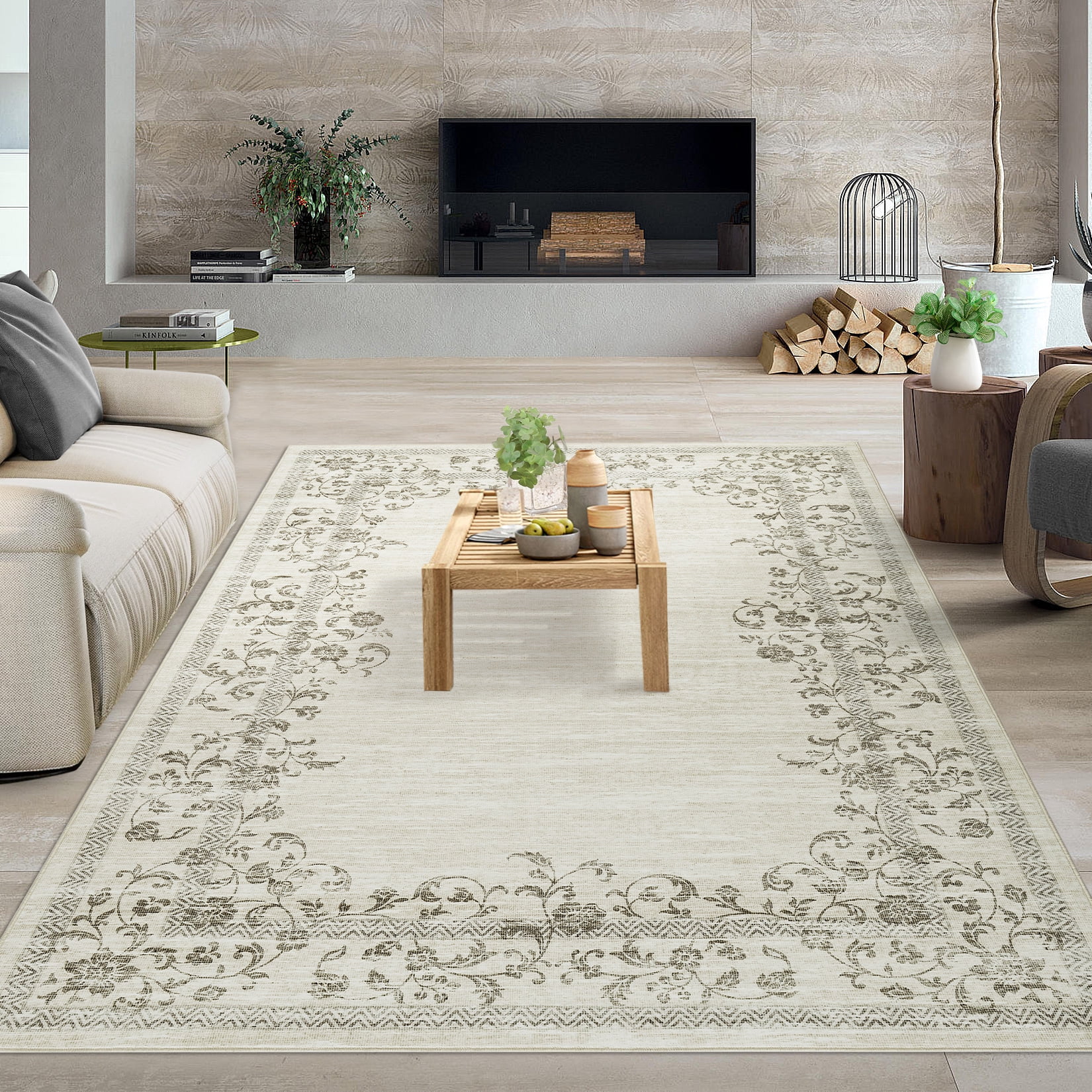 Hasoo Modern Washable Indoor Carpet 8' x 10' Beige Area Rug for Living Room Geometric Border Floral Pattern Non-slip polyester Room Decor Rug