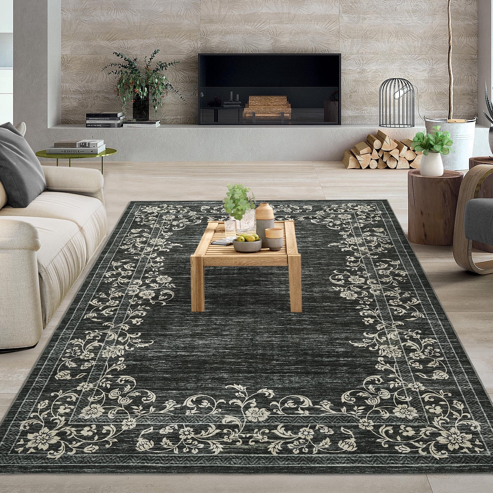 Hasoo Modern Washable Indoor Carpet 8' x 10' Black Area Rug for Living Room Geometric Border Floral Pattern Non-slip polyester Room Decor Rug