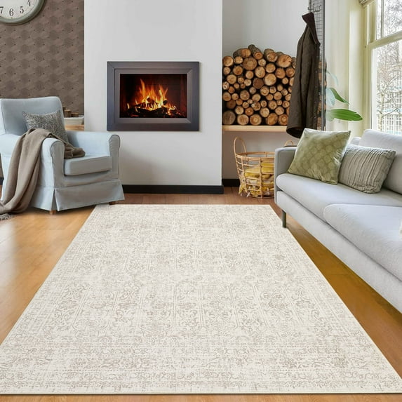 Hasoo Modern Washable Indoor Carpet 8' x 10' Cream Neutral Area Rug for Living Room Geometric Floral Pattern Non-slip polyester Room Decor Rug