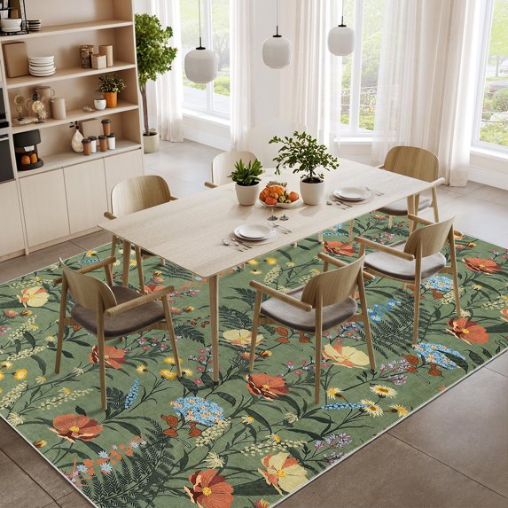 Hasoo Modern Washable Indoor Carpet 8' x 10' Green Area Rug for Living Room Leaf Floral Pattern Non-slip polyester Room Decor Rug