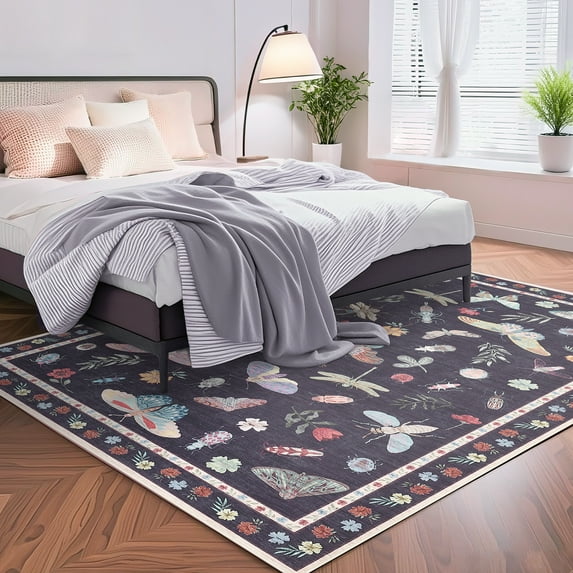 Hasoo Modern Washable Indoor Carpet 9' x 12' Black Area Rug for Living Room Floral Insect Butterfly Pattern Non-slip polyester Room Decor Rug