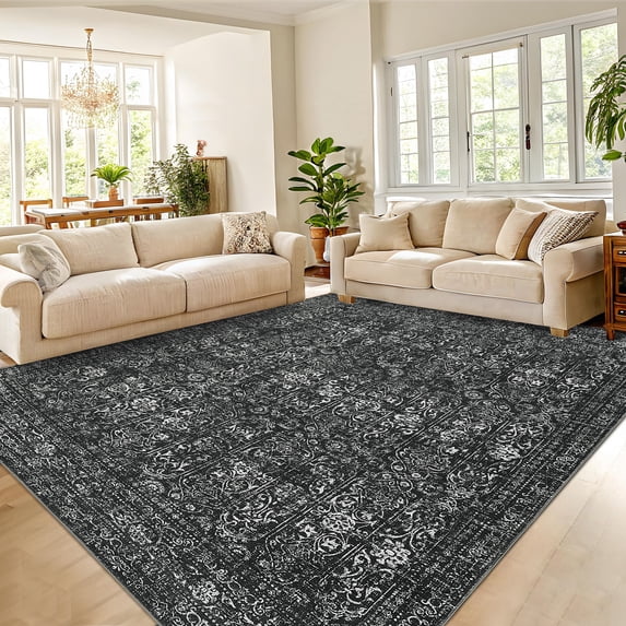 Hasoo Modern Washable Indoor Carpet 9' x 12' Black Neutral Area Rug for Living Room Geometric Floral Pattern Non-slip polyester Room Decor Rug