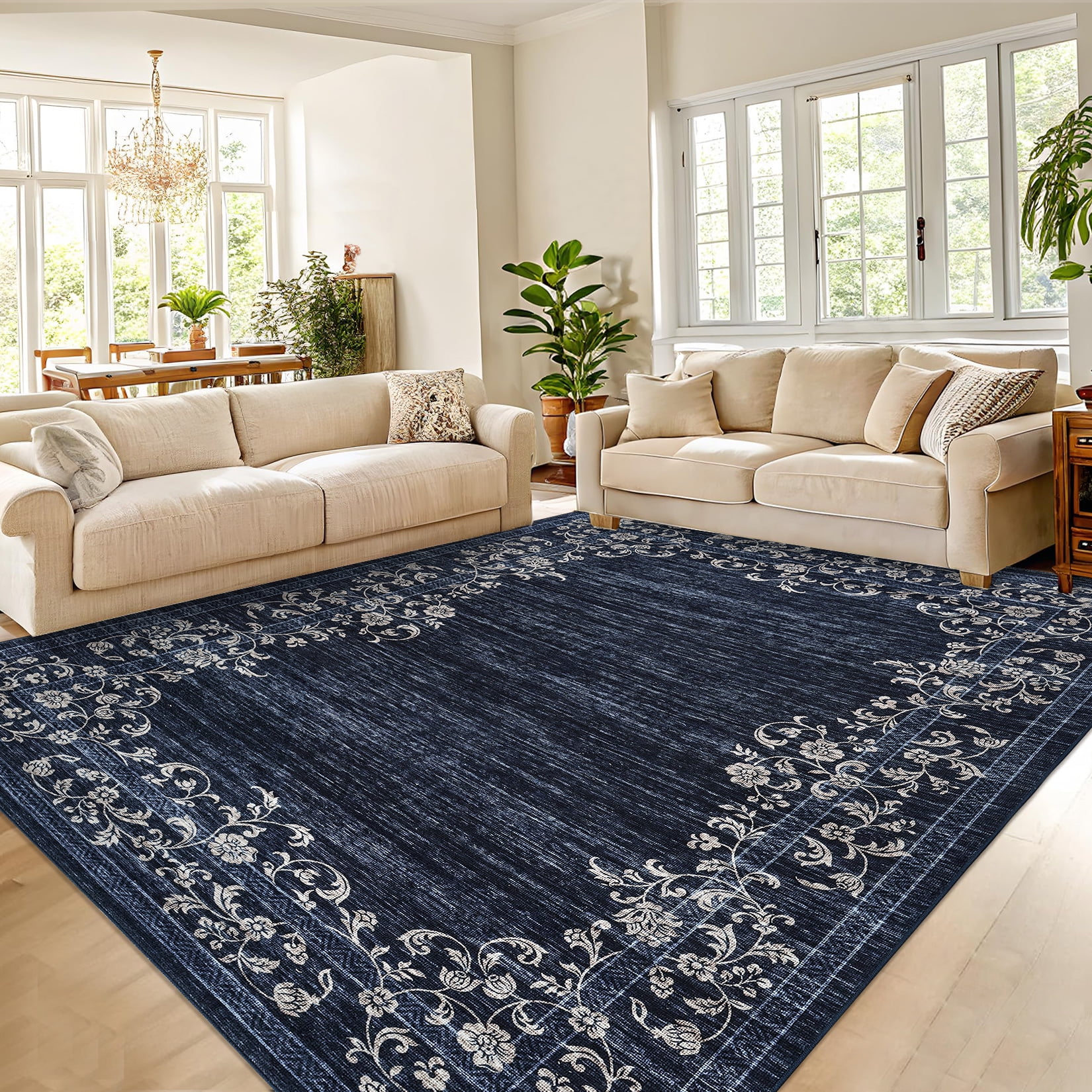 Hasoo Modern Washable Indoor Carpet 9' x 12' Navy Area Rug for Living Room Geometric Border Floral Pattern Non-slip polyester Room Decor Rug