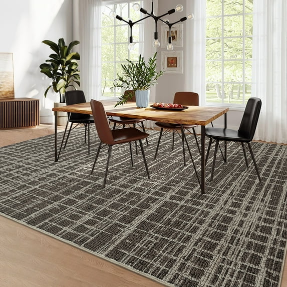 Hasoo Modern Washable Large 9' x 12' Geometric Grid Area Rug for Living Room Soft Indoor Carpet, Brown
