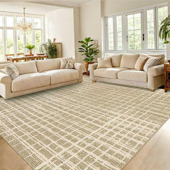 Hasoo Modern Washable Large 9' x 12' Geometric Grid Area Rug for Living Room Soft Indoor Carpet, Camel