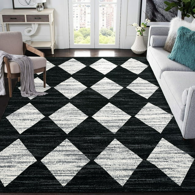 Hasoo Moroccan Rug for Living Room 8x10 Distressed Washable Rugs Geometric Carpet for Bedroom, Black