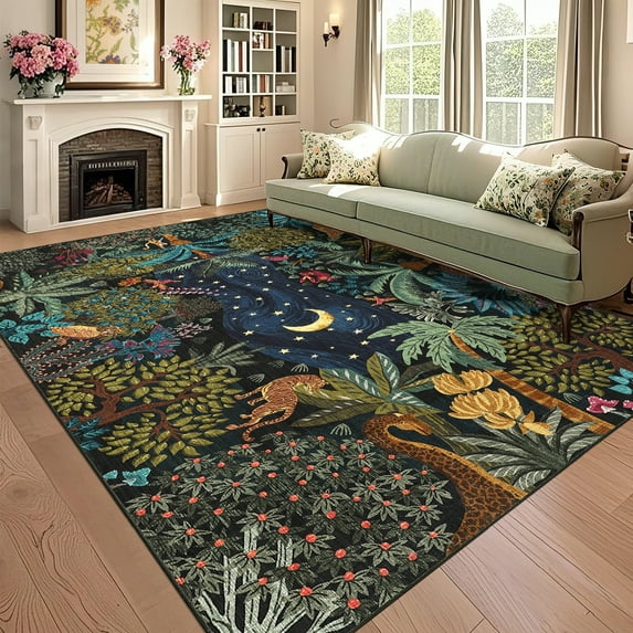 Hasoo Navy 5x7 Jungle Rugs for Living Room Washable Non Slip Forest Anmial Print Bedroom Indoor Modern Carpet